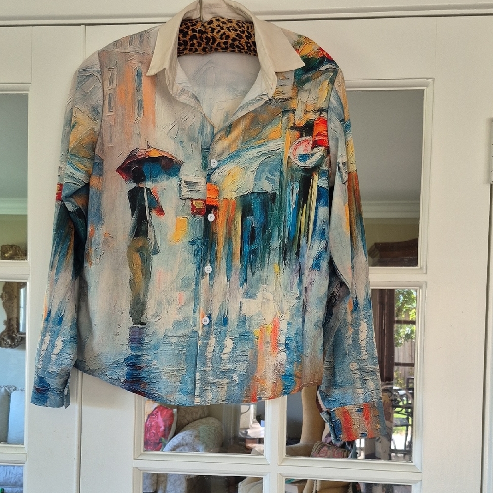 New Painted Rain Scene Button-Up Blouse in Multicolor